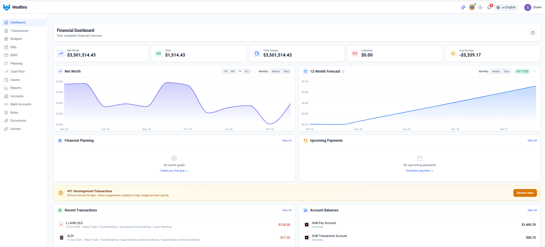 Wealthra dashboard showing bank accounts, budgets, investments, and net worth in one view