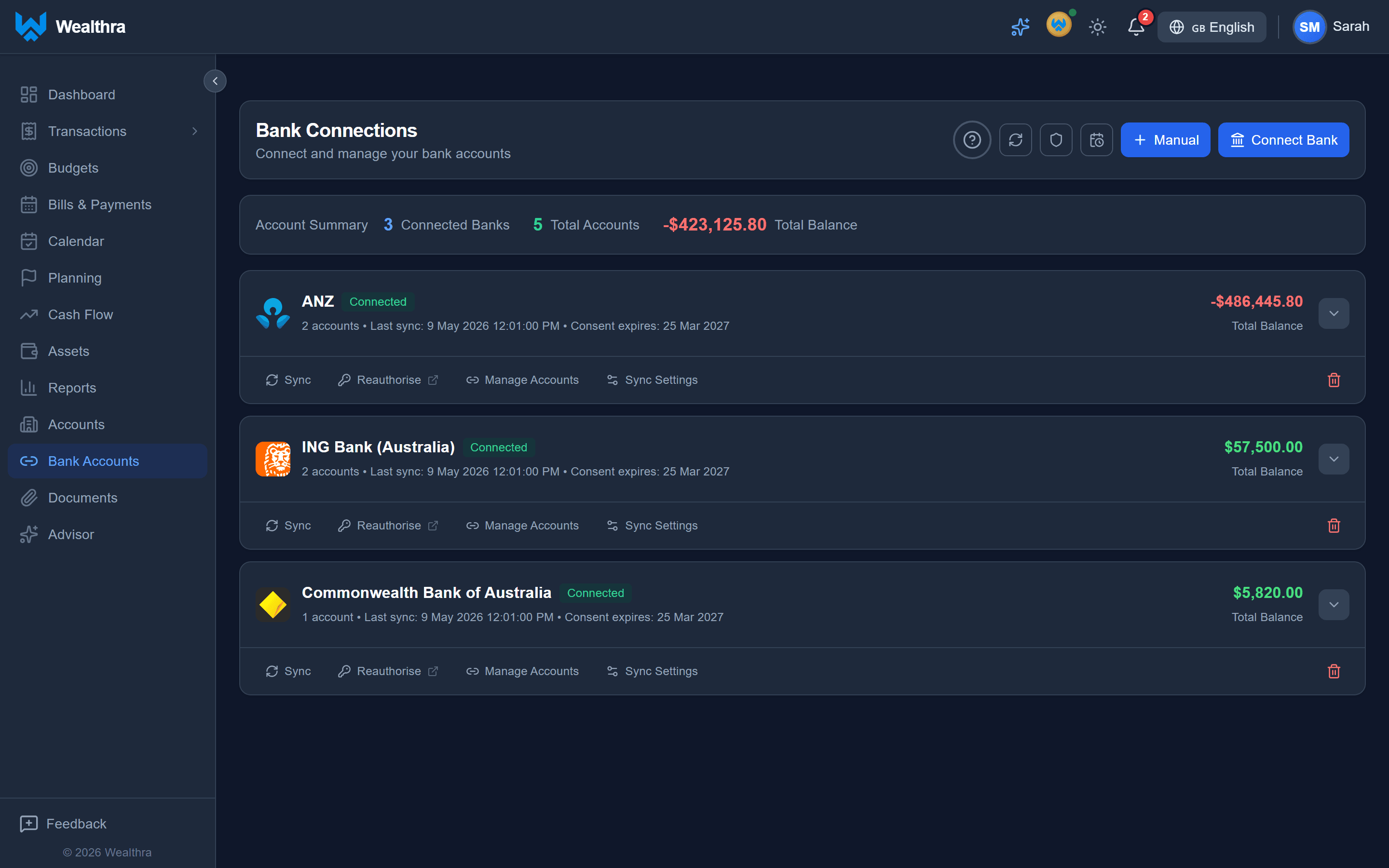 Wealthra bank connections screen showing securely linked Australian bank accounts