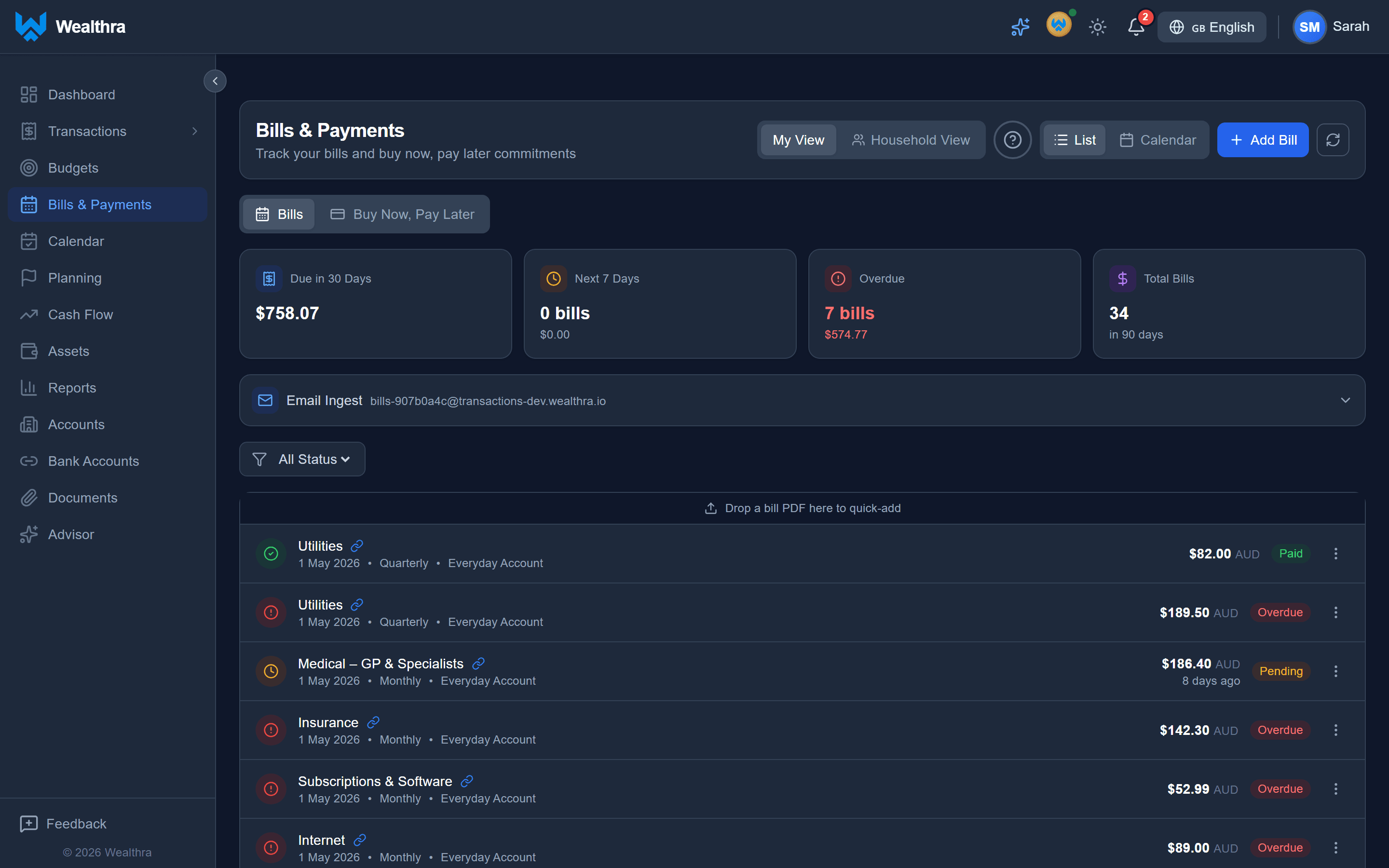 Wealthra bill management screen showing upcoming bills and BNPL tracking