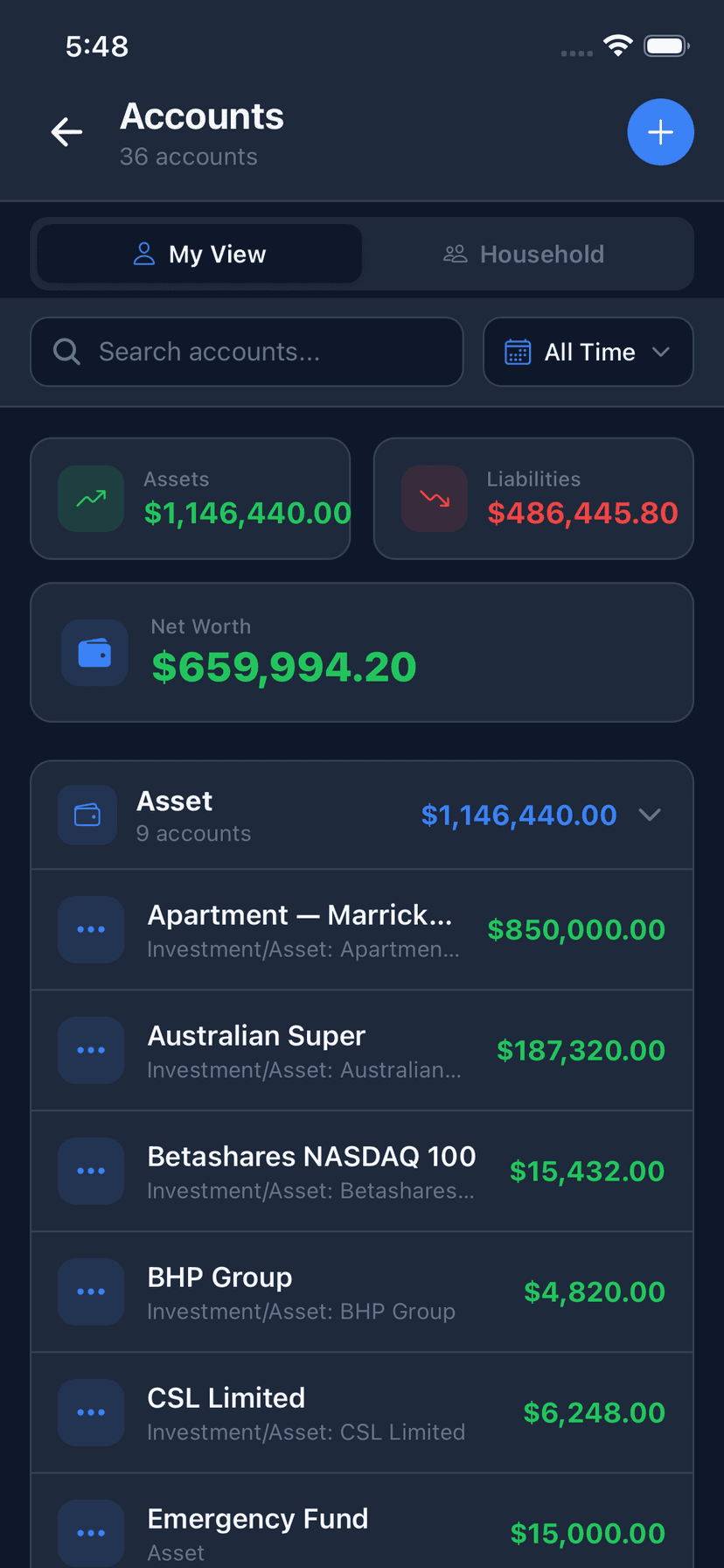 Wealthra iOS app — accounts list