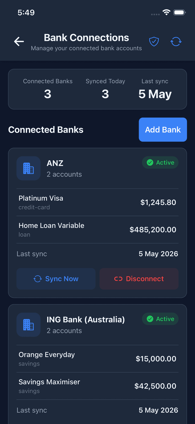 Wealthra iOS app — bank connections