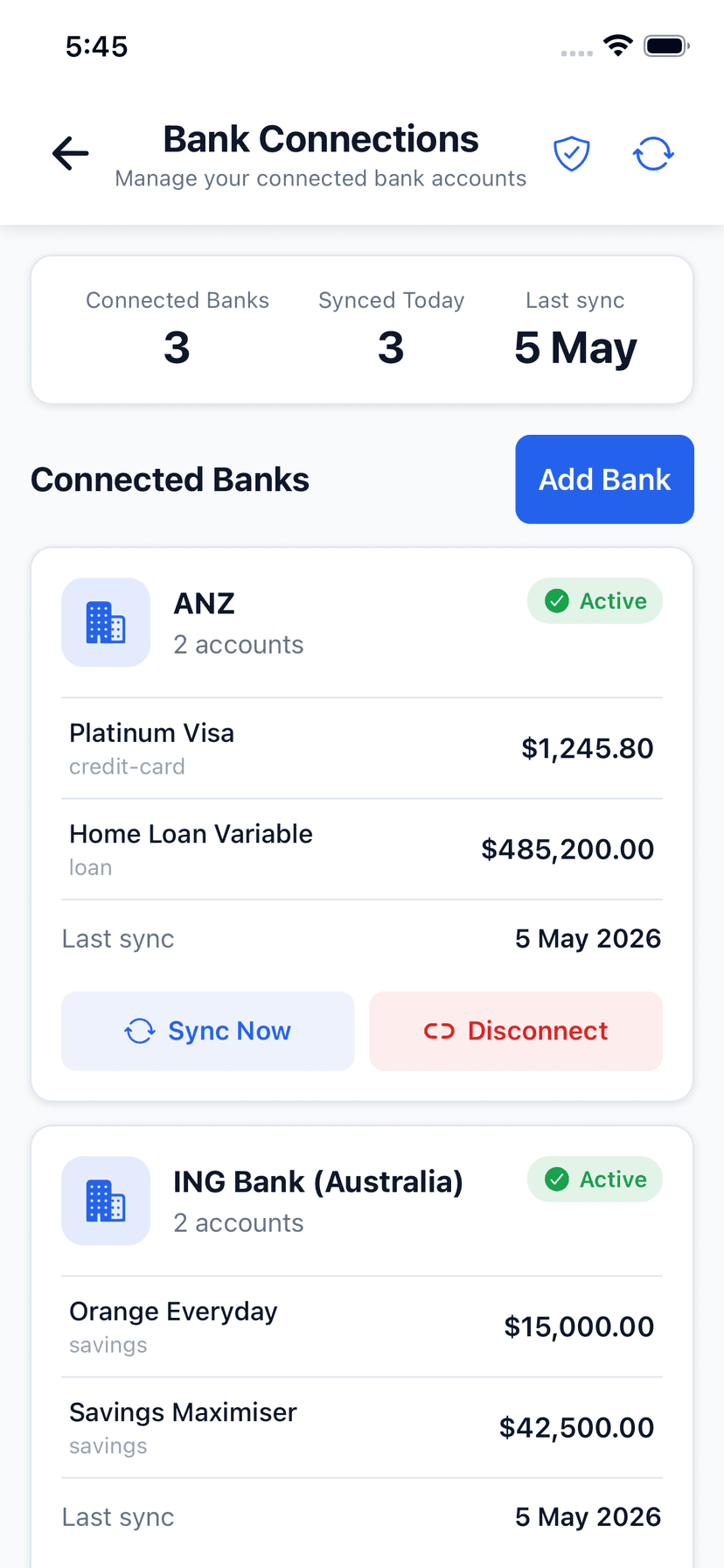 Wealthra iOS app — bank connections