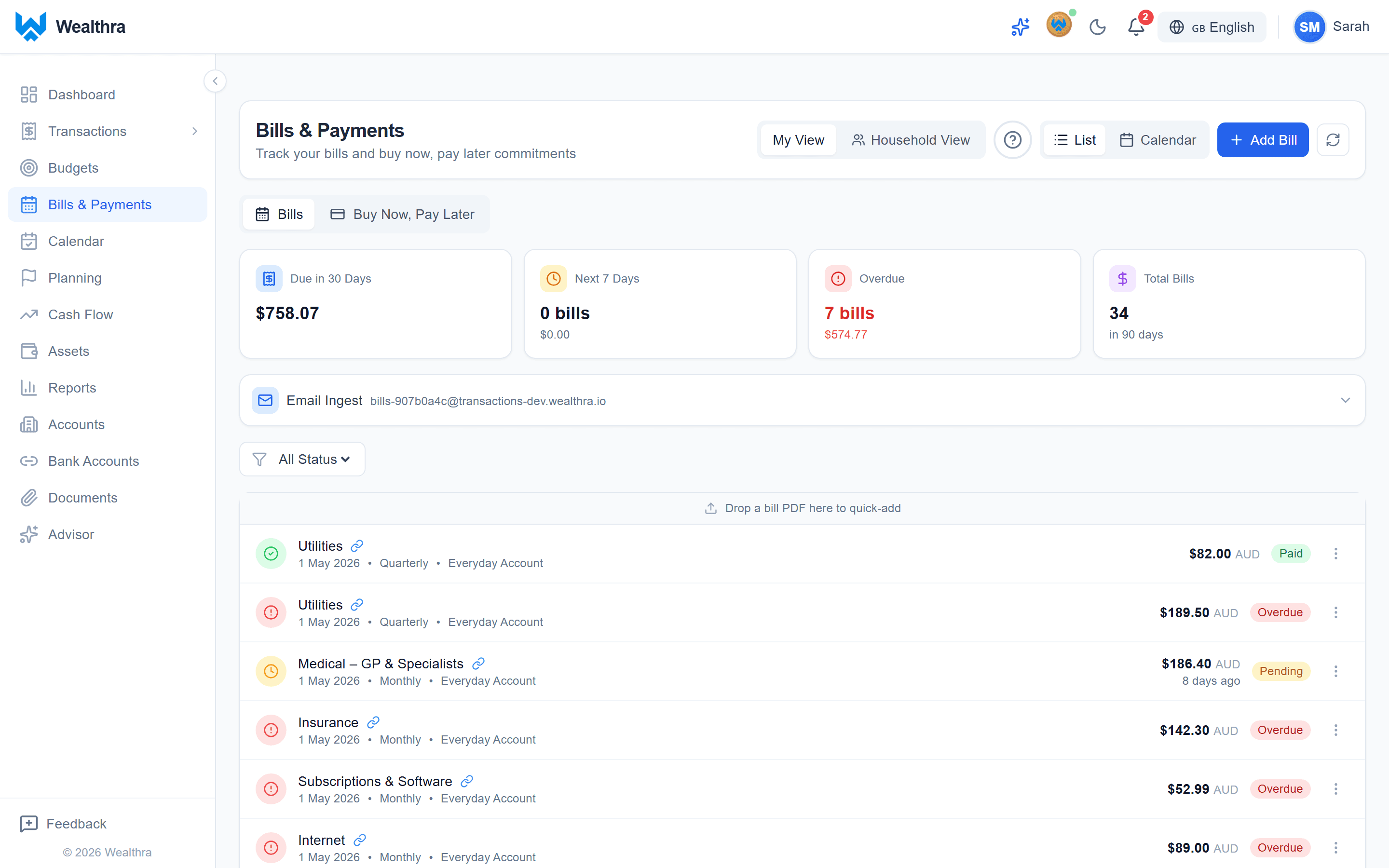 Wealthra bill management screen showing upcoming bills and BNPL tracking